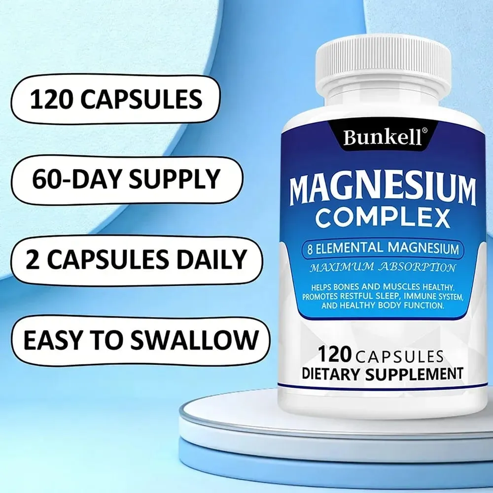 Suplemento Complexo de Magnésio 8 Elemental 1000mg - para Ossos Recuperação Muscular Energia Vegan Não-OGM 120 Cápsulas