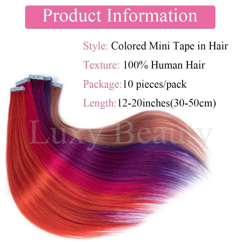 Colored Pink Mini Tape in Human Hair Extensions Invisible Seamless Tape in Hair 10pcs Pink Red Green Purple Blue Mini Tape Hair