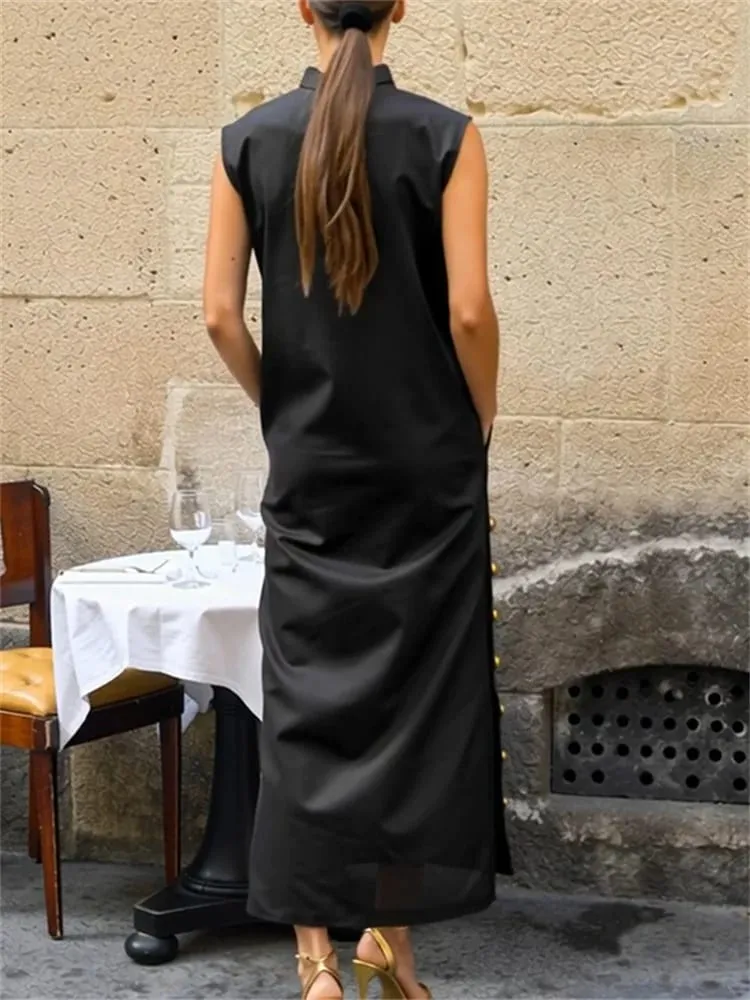 Yeezzi moda feminina split-side abotoado gola vestidos de noite 2026 nova sem mangas cor sólida linha h camisas casuais vestido