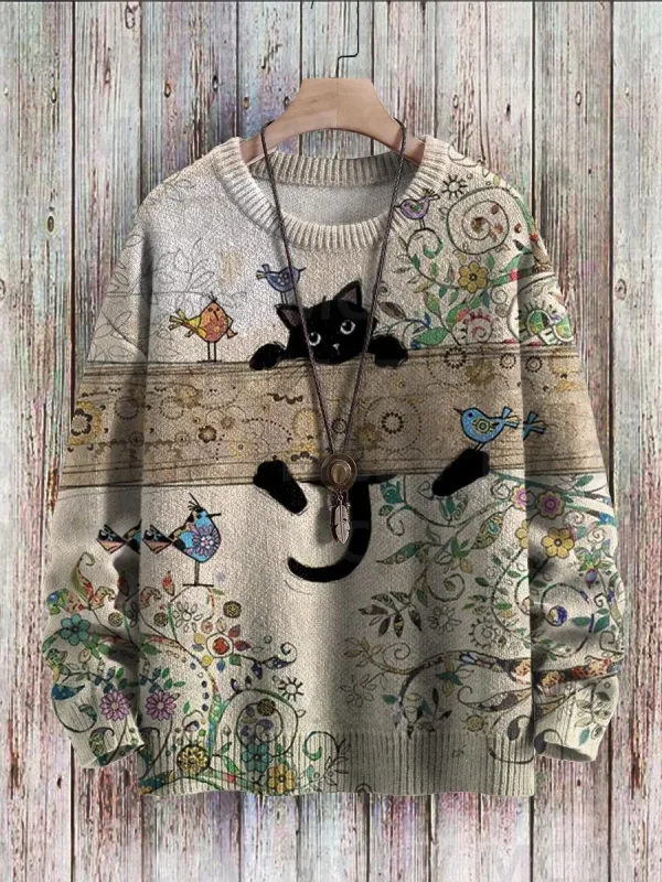 Cute Black Cat Flower Birds Art Pattern Print Casual Knit Pullover Sweater Classic Sweater Men's For Women's Pullover