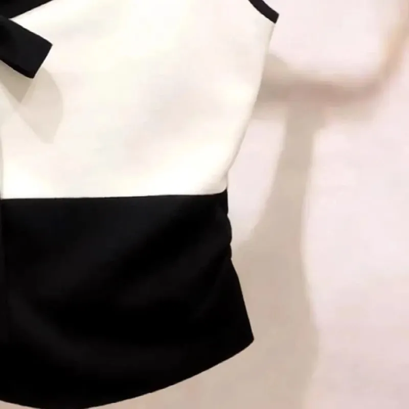 Verão novo contraste arco retalhos fora do ombro sexy tanques fino sem mangas elegante t camisa topos temperamento tendência roupas femininas
