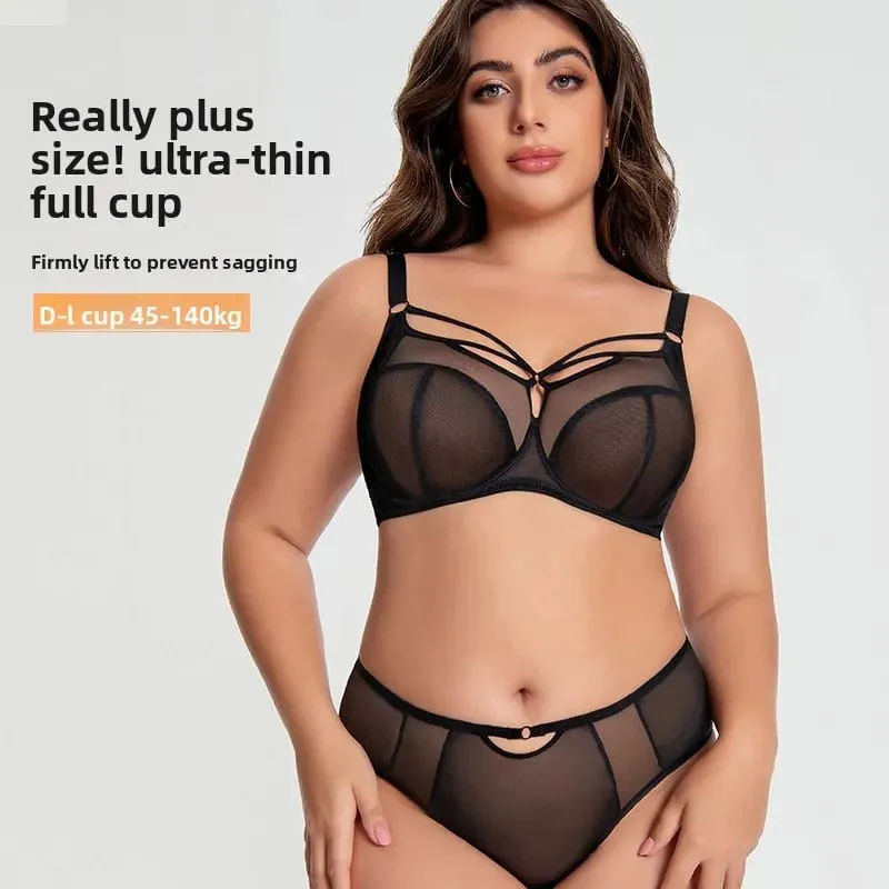 Plus size conjunto de sutiã d-l copo minimizador cobertura completa lingerie anti flacidez push up malha respirável calcinha de cintura alta feminina — image 3
