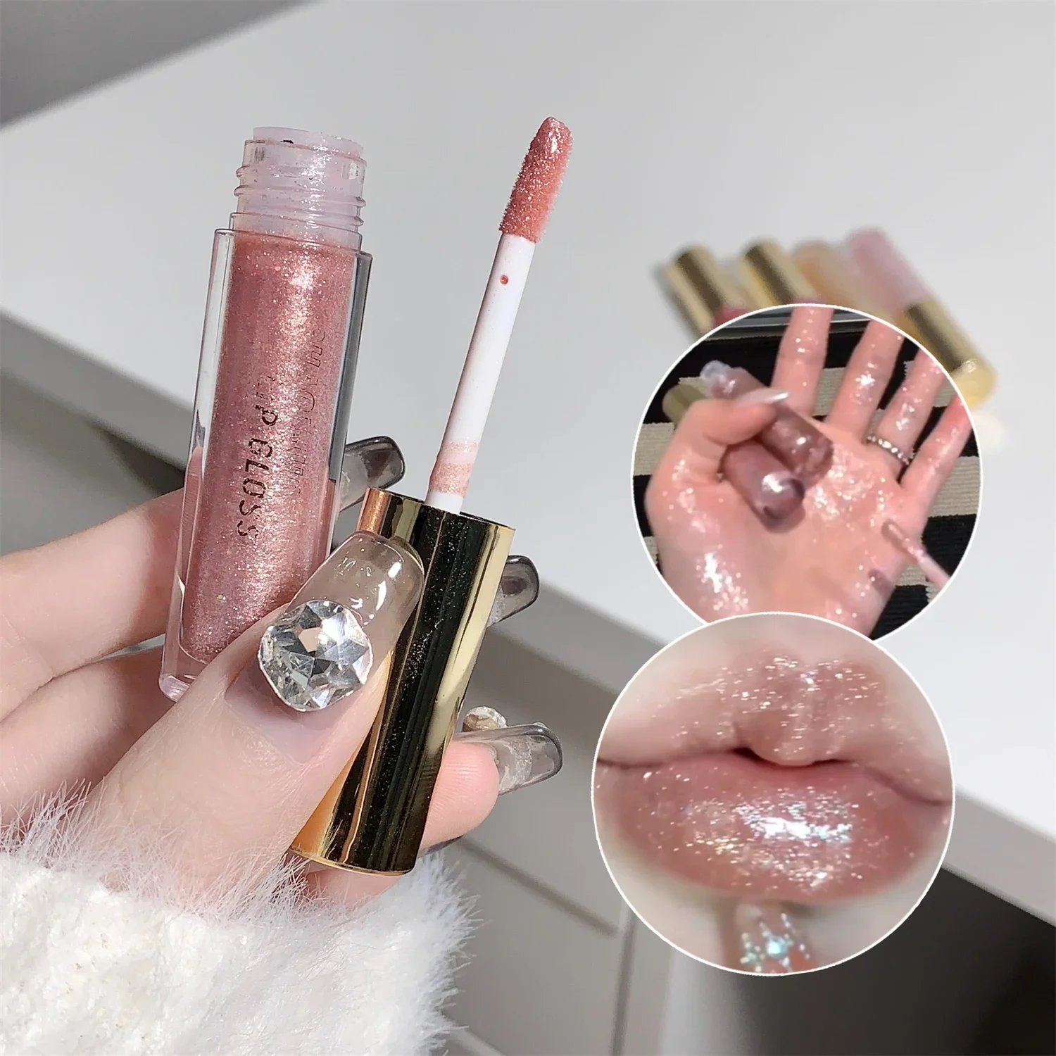 Pérola diamante brilho labial esmalte de longa duração hidratante brilho labial matiz óleo espelho de maquiagem água luz batons líquidos