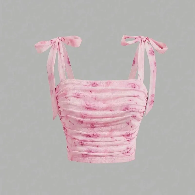 Solid Tie Shoulder Ruched Wide Strap Slim Fit Crop Top for Women Summer 2025 Y2K Clothes Pink Backless Cami Top Streetwear