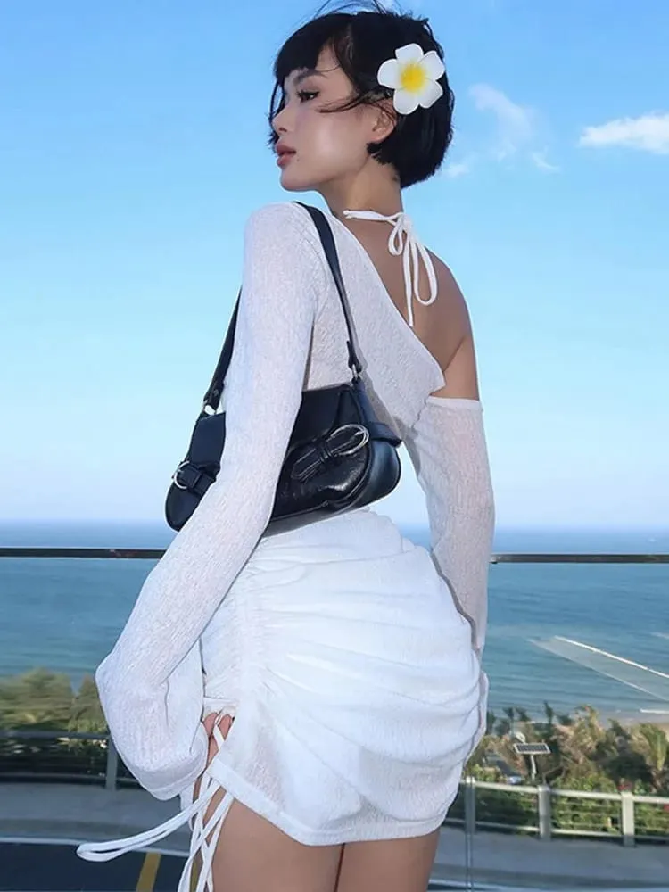 Feminino sólido gola inclinada alças franzidas rendas transparentes cordão mini vestido verão 2025 festa clubwear