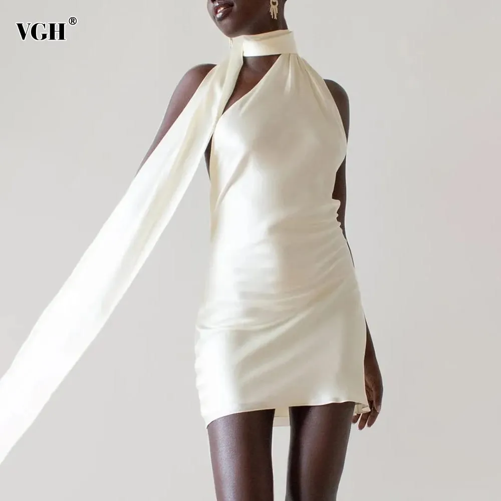 Vgh retalhos vestidos formais para mulheres gola halter fora do ombro sem mangas cintura alta sem costas cetim mini vestido estilo feminino
