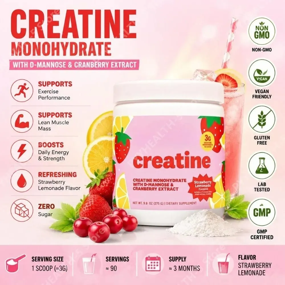 Suplemento de creatina monohidratada em pó 3g, fórmula vegana, sabor limonada de morango, açúcar zero para um estilo de vida ativo — image 2