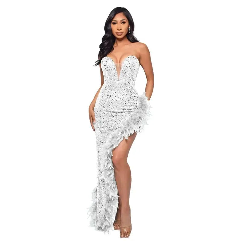 yaya feminino lantejoulas sem alças pena alta lateral divisão sem alças bodycon midi maxi vestido sexy clube até vestidos de festa