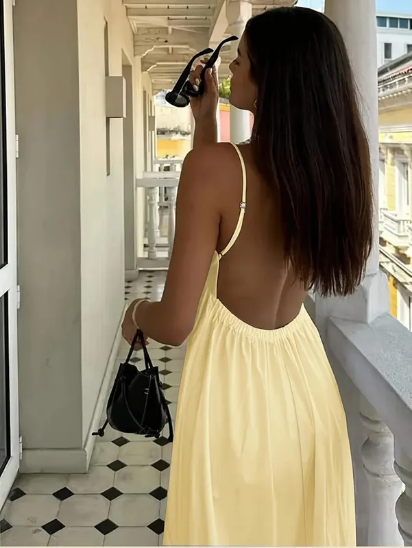 Vestido feminino de alça fina sem costas de cor sólida para férias de verão