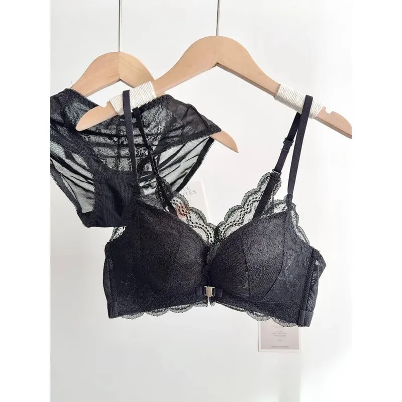 Feminino pequeno busto conjunto de sutiã de renda fechamento frontal sem fio bonito volta push‑up sutiã macio diário lingerie tamanho 32‑38ab