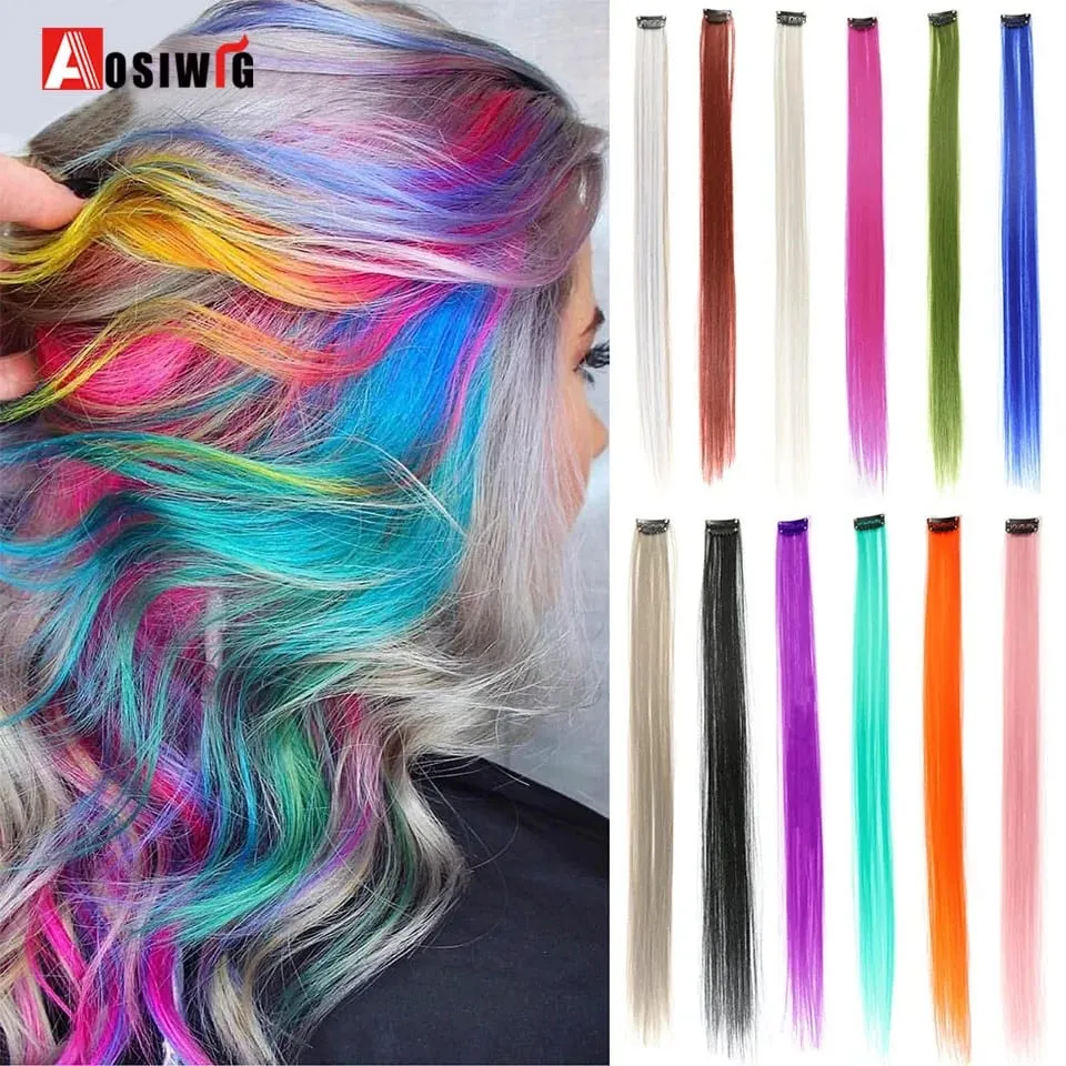 22 "sintético longo reto arco-íris destaque extensões de cabelo colorido clipe em uma peça ombre rosa roxo verde amarelo para wome