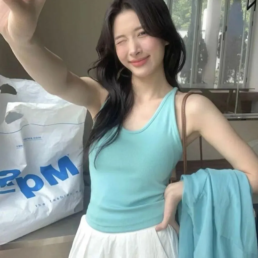 Estilo coreano com almofada no peito cinta colete u-pescoço cor sólida sem costas sem mangas superior emagrecimento feminino camis verão