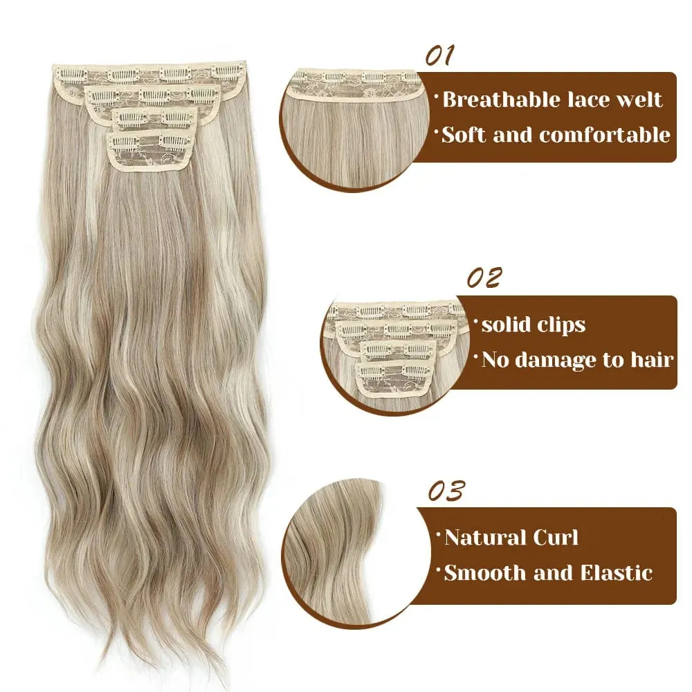 4Pcs/Set 11 Clips 22 Inches 220g Beach Waves Clip in Hair Extensions Sandy Blonde Champagne Heat Resistant Synthetic Hairpiece