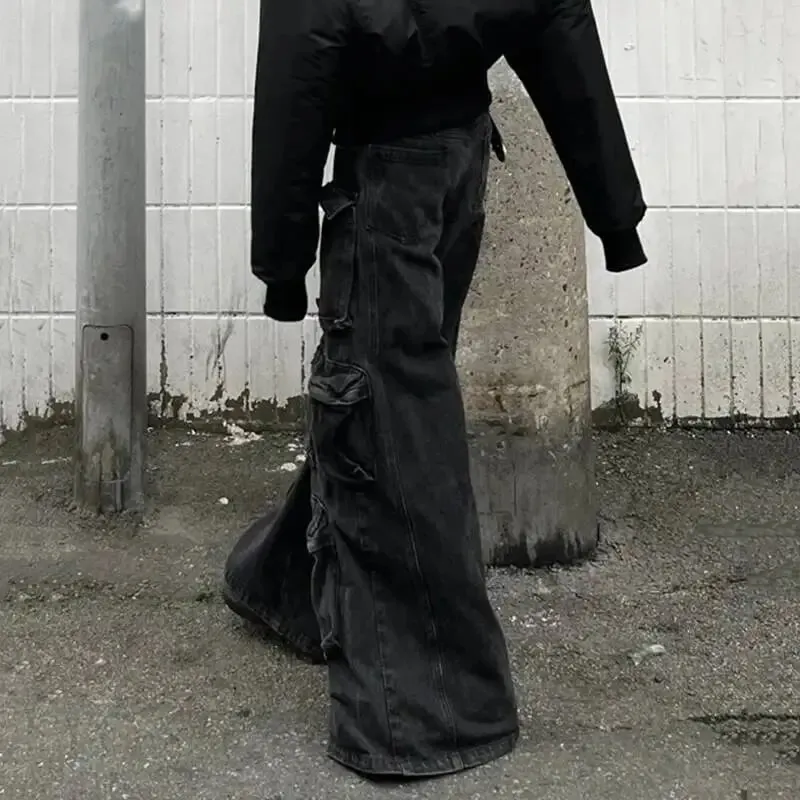 美式男士牛仔褲純色多口袋工裝褲直筒闊腿寬鬆男牛仔褲男裝24K3020