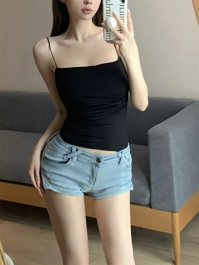 Top curto sexy com alças finas, regata branca lisa, estilo coreano, sem mangas, roupa íntima feminina, camisola justa