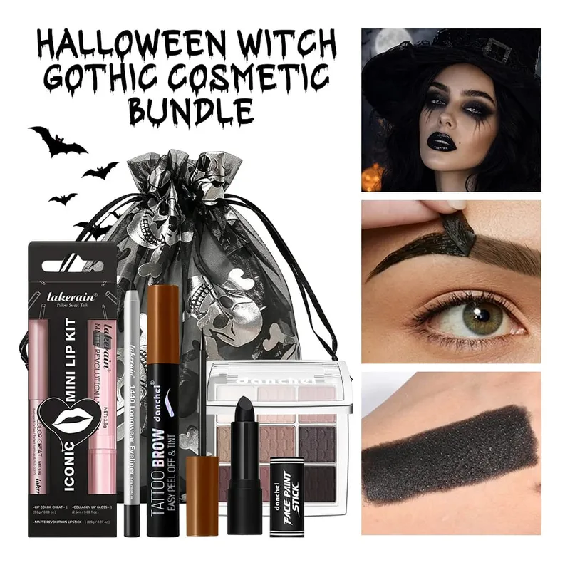 Fantasia de bruxa para halloween, conjunto de maquiagem com saco de cordão, sombra, batom, delineador, sobrancelha, pintura facial para festa de cosplay de halloween