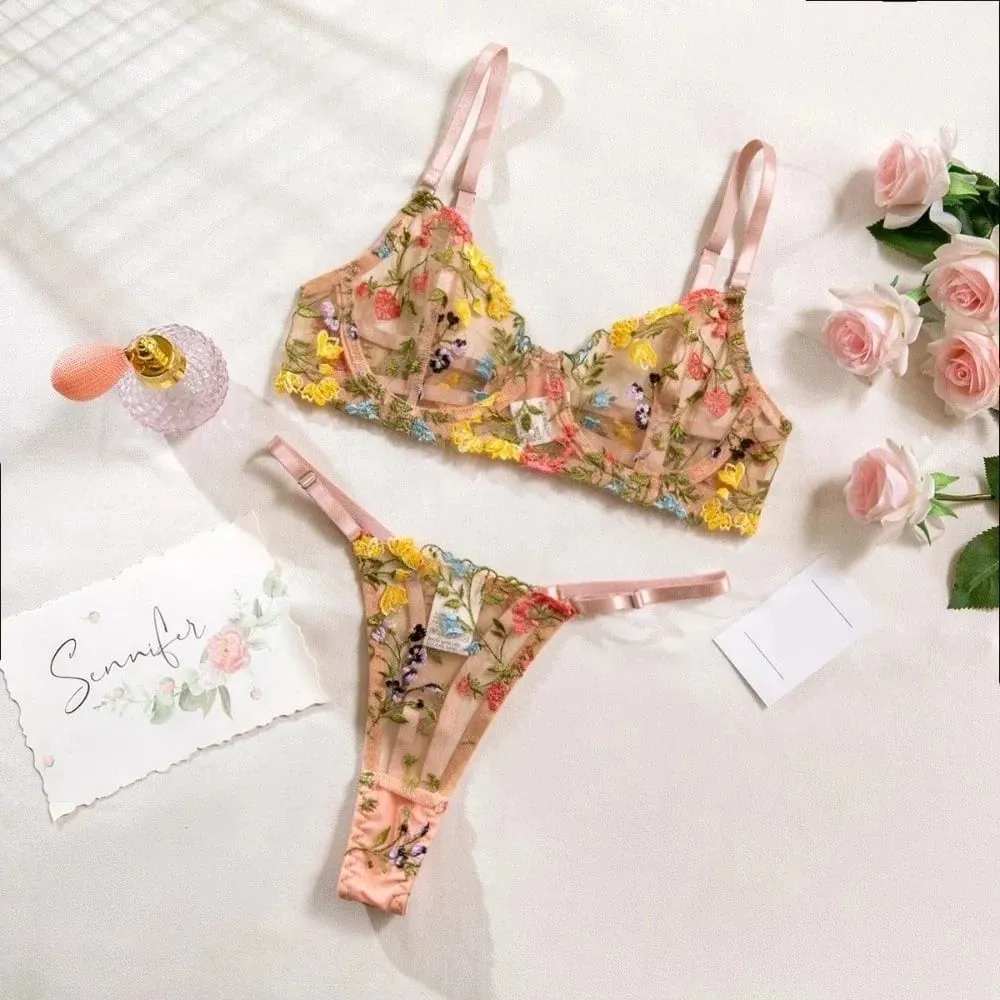 Versatile Transparent Lingerie Set Ultra-thin Push Up Panties Bra Set Elegant Embroidery Floral Underwear Honeymoon