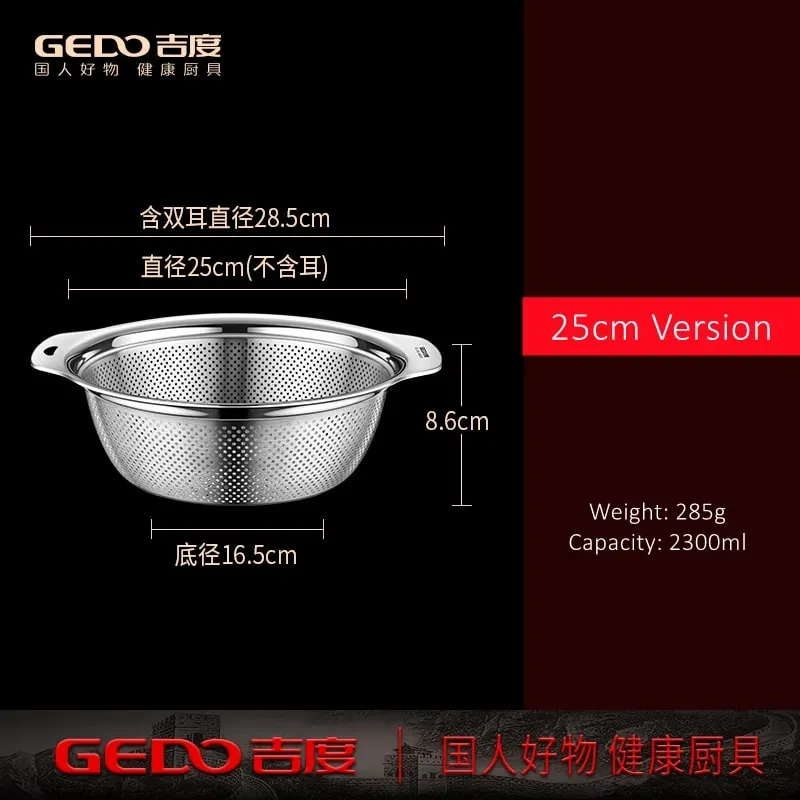 Certificação LFGB 304 Bacia de drenagem de lavagem de cozinha em aço inoxidável 23cm ~ 31cm de diâmetro Coador com furos pequenos densos