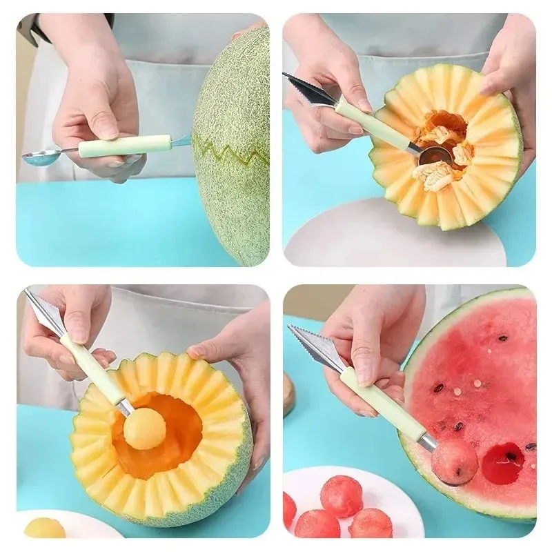 Colher de frutas escavação dupla cabeça de aço inoxidável portátil multifuncional melão baller colher diy prato frutas ferramenta bola tmz