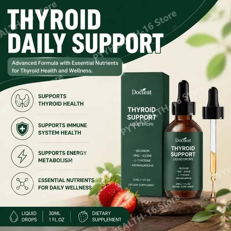 Gotas líquidas de suporte para tireoide com selênio, zinco, iodo, L-tirosina e Ashwagandha para a saúde da tireoide e suporte diário vegano 30ml