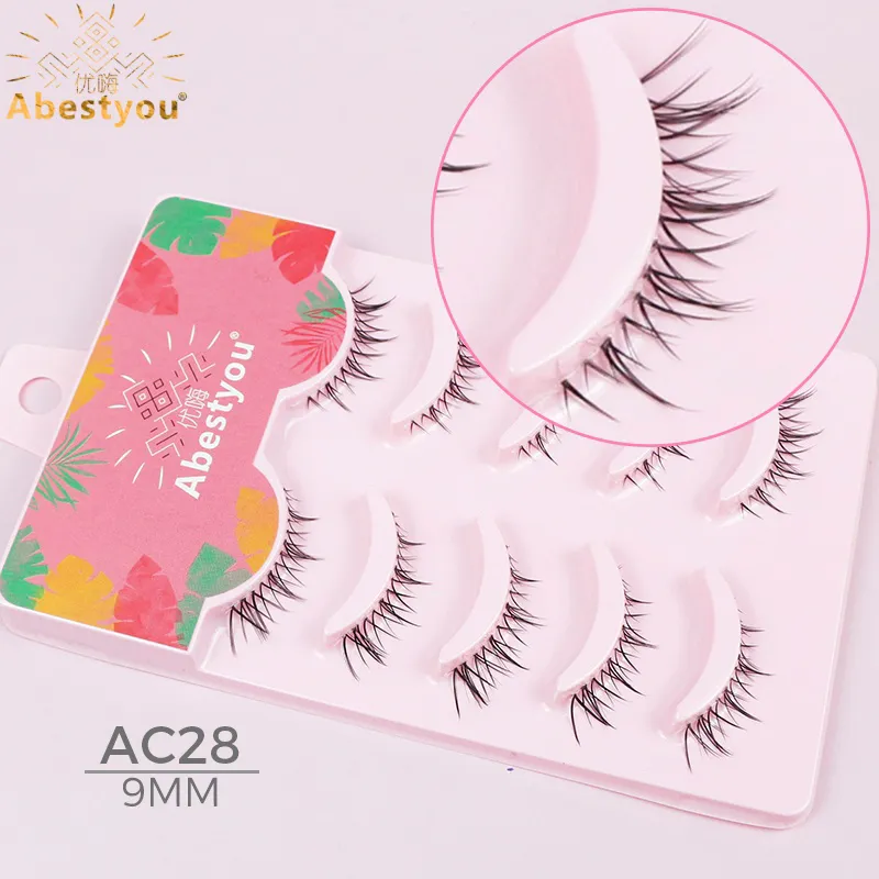 Abestyou 3d curto 9mm falso cils pequeno fino luz olho de gato camélia alado chicote transparente listra clara vison cílios inferiores