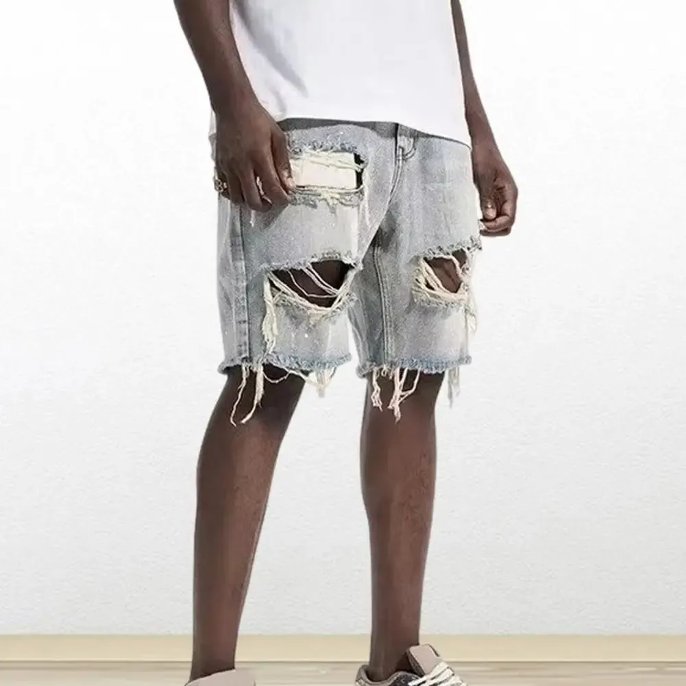 Homens verão angustiado denim shorts botão zíper voar multi bolsos jeans curtos ajuste reto rasgado buracos na altura do joelho angustiado — image 3