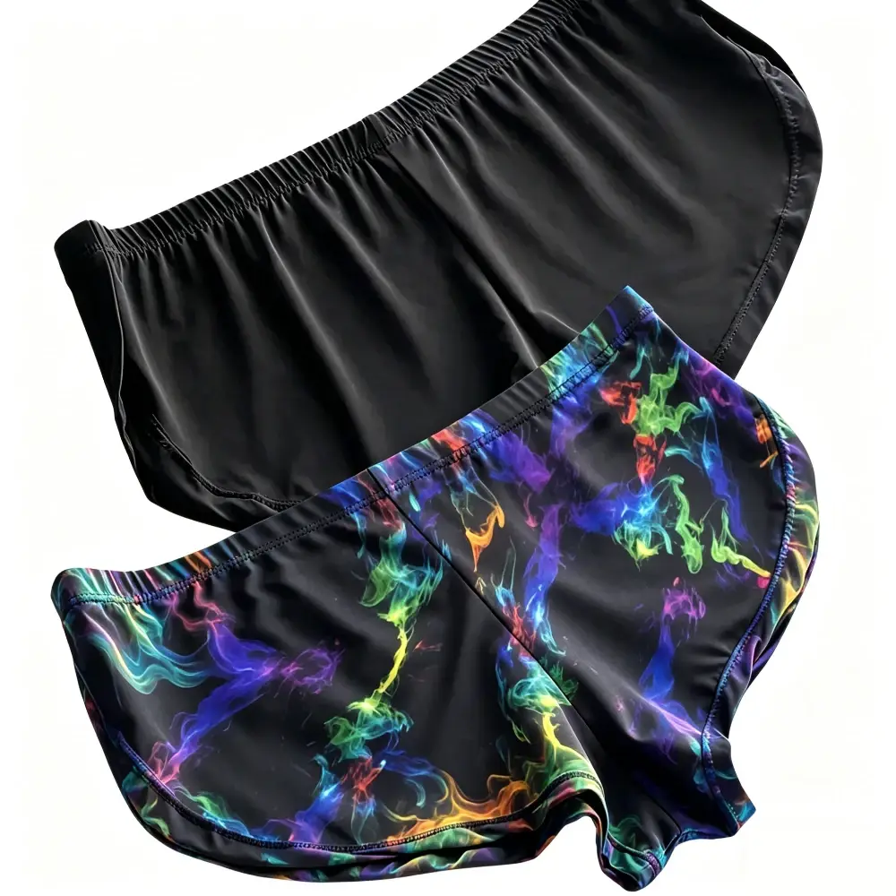 Moda exclusiva masculina com estampa de fumaça, calções de seda gelo com lado dividido, cintura baixa, secagem rápida, shorts esportivos para academia, corrida diária