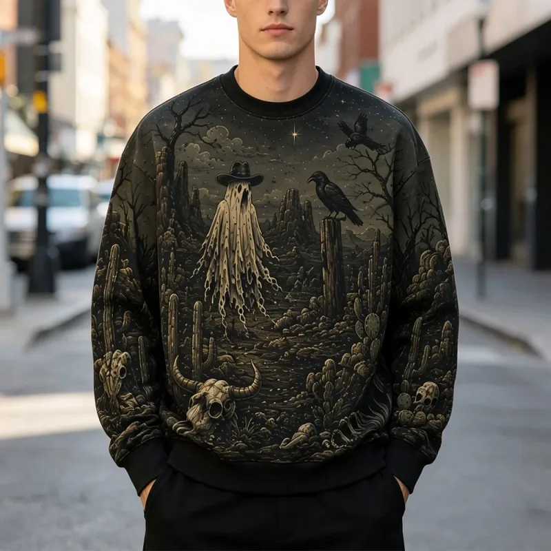 Vintage Dark Western Ghost Print Sweatshirt Desert Cactus Graphic Pullover Long Sleeve Tops Halloween Fashion Casual Streetwear