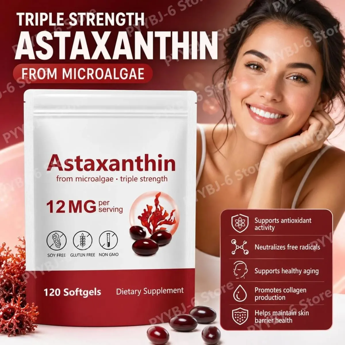 Astaxantina Softgels Tripla Força de Microalgas Apoia o Envelhecimento Saudável Promove o Colágeno Apoia a Barreira da Pele 120 Softgels