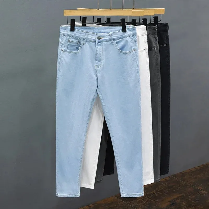 Calças de brim masculinas de ajuste fino primavera verão fino algodão macio elástico na moda tornozelo comprimento calças retas coreano simples denim