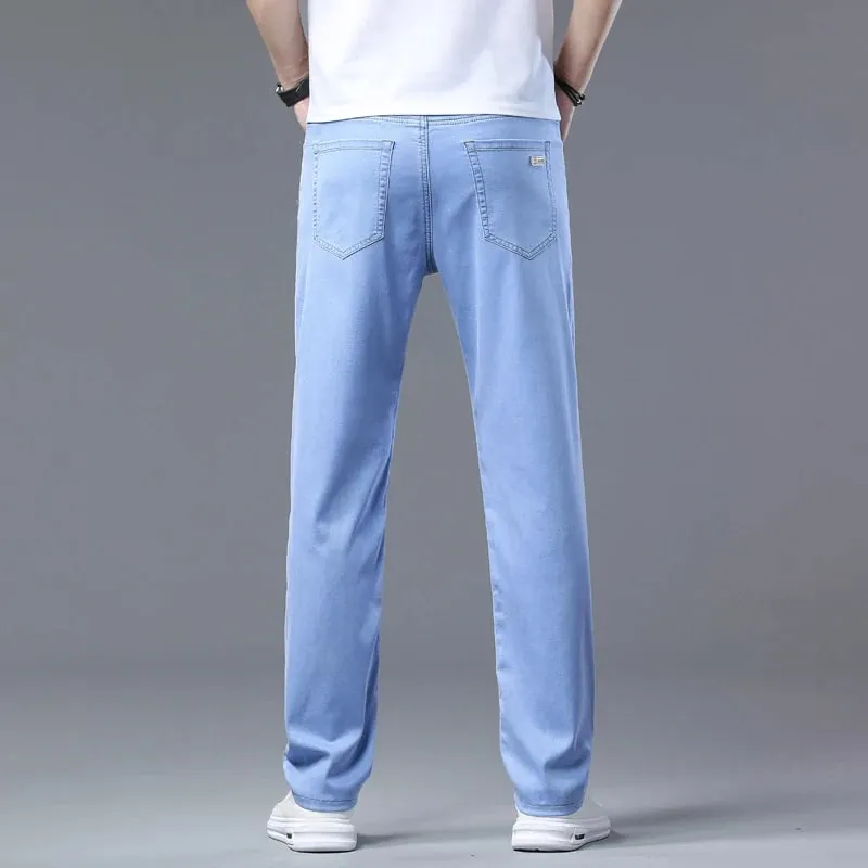 2025 Summer New Men's Sky Blue Slim Stretch Jeans Lyocell Thin Style Fashion Casual Ice Silk Denim Pants Male Brand Trousers