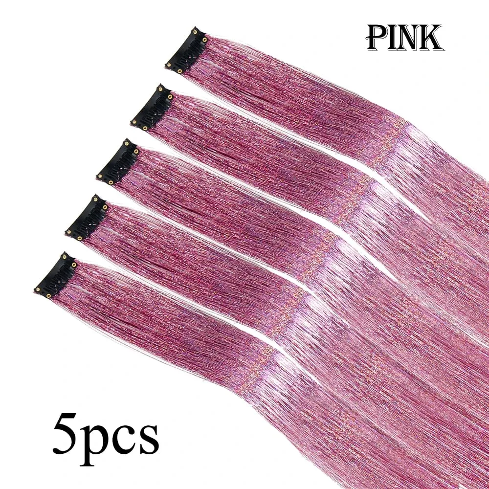 Atacado 5 unidades/pacote espumante brilhante extensões de cabelo clipe em brilho brilhante cabelo enfeites arco-íris brilhante brilho cabelo ouropel rosa/vermelho