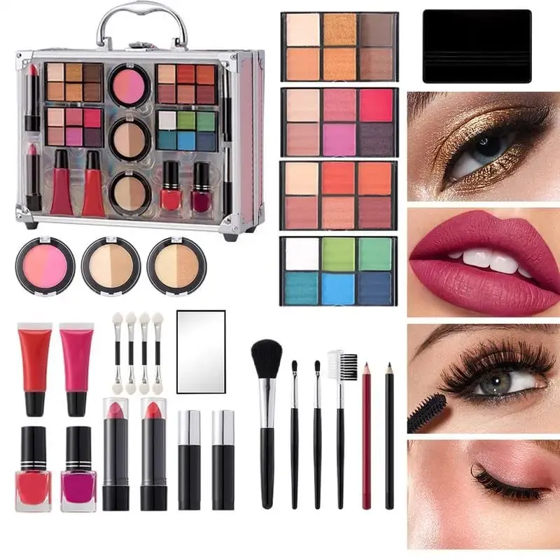Tudo em um kit de maquiagem feminina kit completo maquiagem presente conjunto sombra lábio maquiagem rímel batom olho lápis aplicador blush em pó