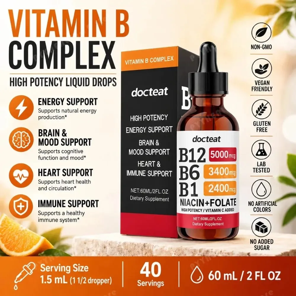 Docteat B 複合滴劑 60 毫升高效 B12 5000 微克甲鈷胺能量腦情緒心臟免疫支持非基因改造素食