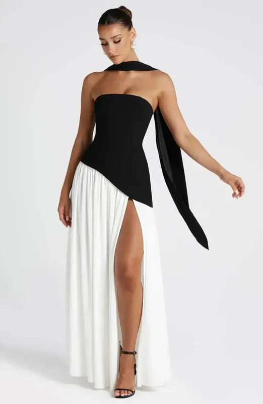 Vestido longo com emenda de malha amarela manteiga, elegante, sem alças, divisão, costas nuas, plissado, para mulheres, 2026, vestidos de festa à noite