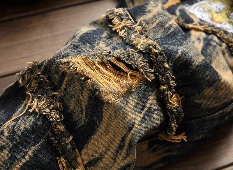 Jeans americanos vintage de perna reta para homens, com detalhes rasgados desgastados, patchwork e corte cônico estilo urbano. — image 7