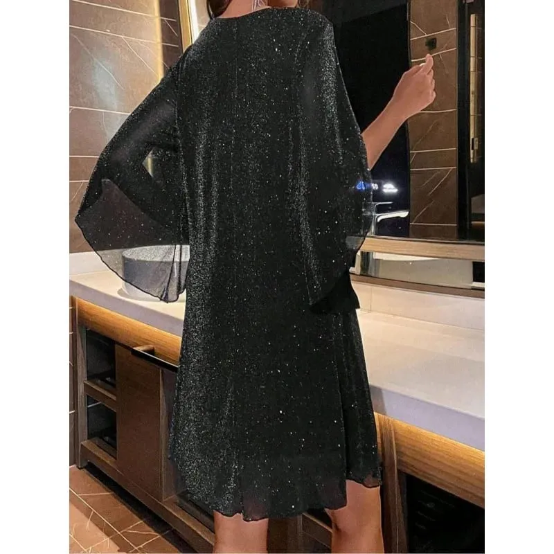 Bright Sequin Dresses Women V-neck See Through Chiffon Patchwork Irregular Half Sleeves Loose Mini Dress Female Vestidos 2024