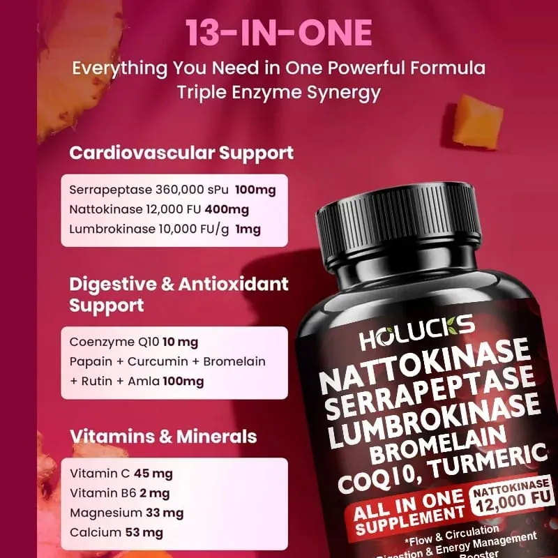 Suplemento Nattokinase Serrapeptase apoia a circulação, alívio da inflamação energética e saúde geral do corpo para adultos