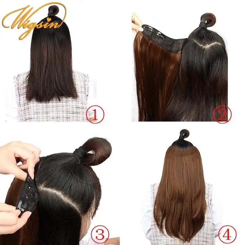 Synthetic 55cm V-shaped Layered 4 Clips Long Straight Hair Extension Natural Invisible Hairpiece Wig for Women