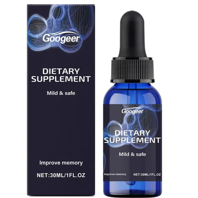 Googeer Gotas azuis de metileno, gotas de suporte para foco de memória com vitamina B1, extrato de folha de hortelã, gluconolactona, sem álcool, 30 ml