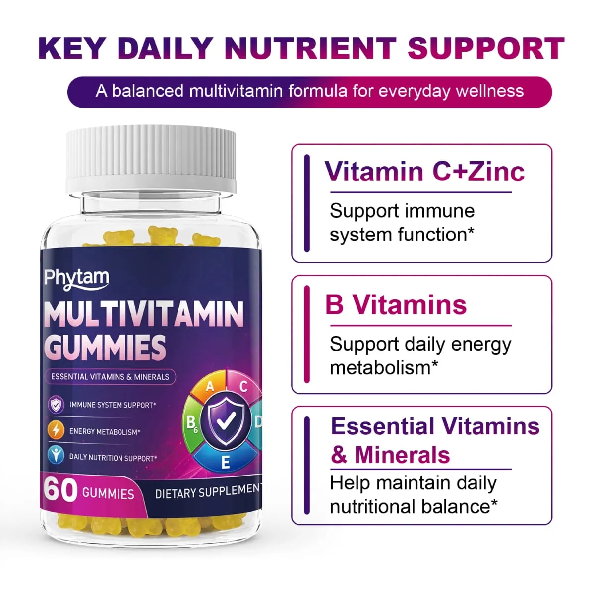 Gomas de urso multivitamínicas para adultos 14 em 1 Vitaminas Minerais Complexo Vitamina C Zinco B D Energia Metabolismo Imune Suporte Nutricional Diário 60 Contagens
