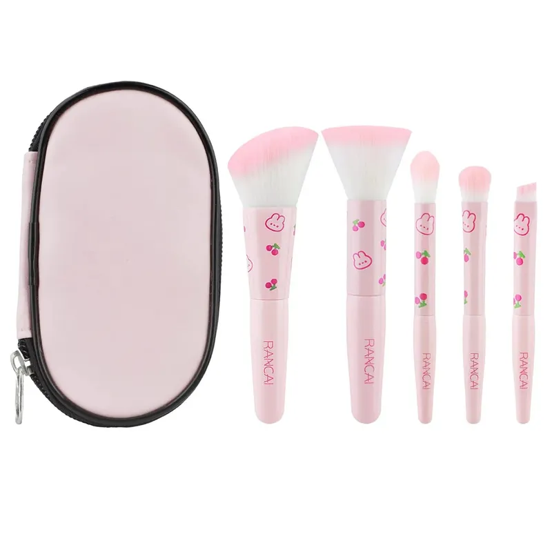 5Pcs Cute Compact Makeup Brush Set With Case Premium Brush for Flawless Foundation Blush Eyeshadow Application Beauty Tools