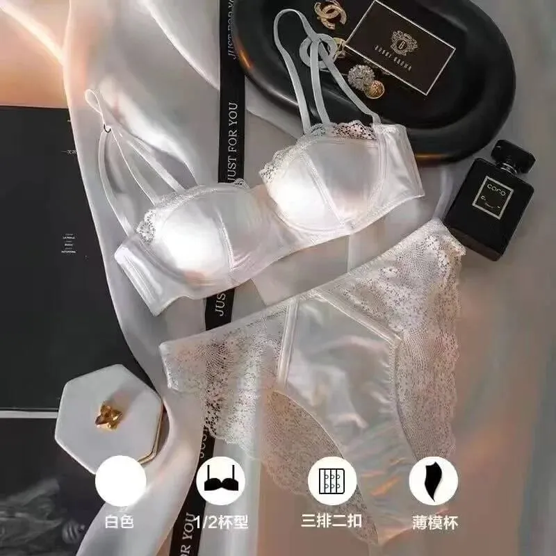 性感緞面半杯胸罩套裝帶鋼圈薄款舒適上托綠色蕾絲邊光面內衣女式