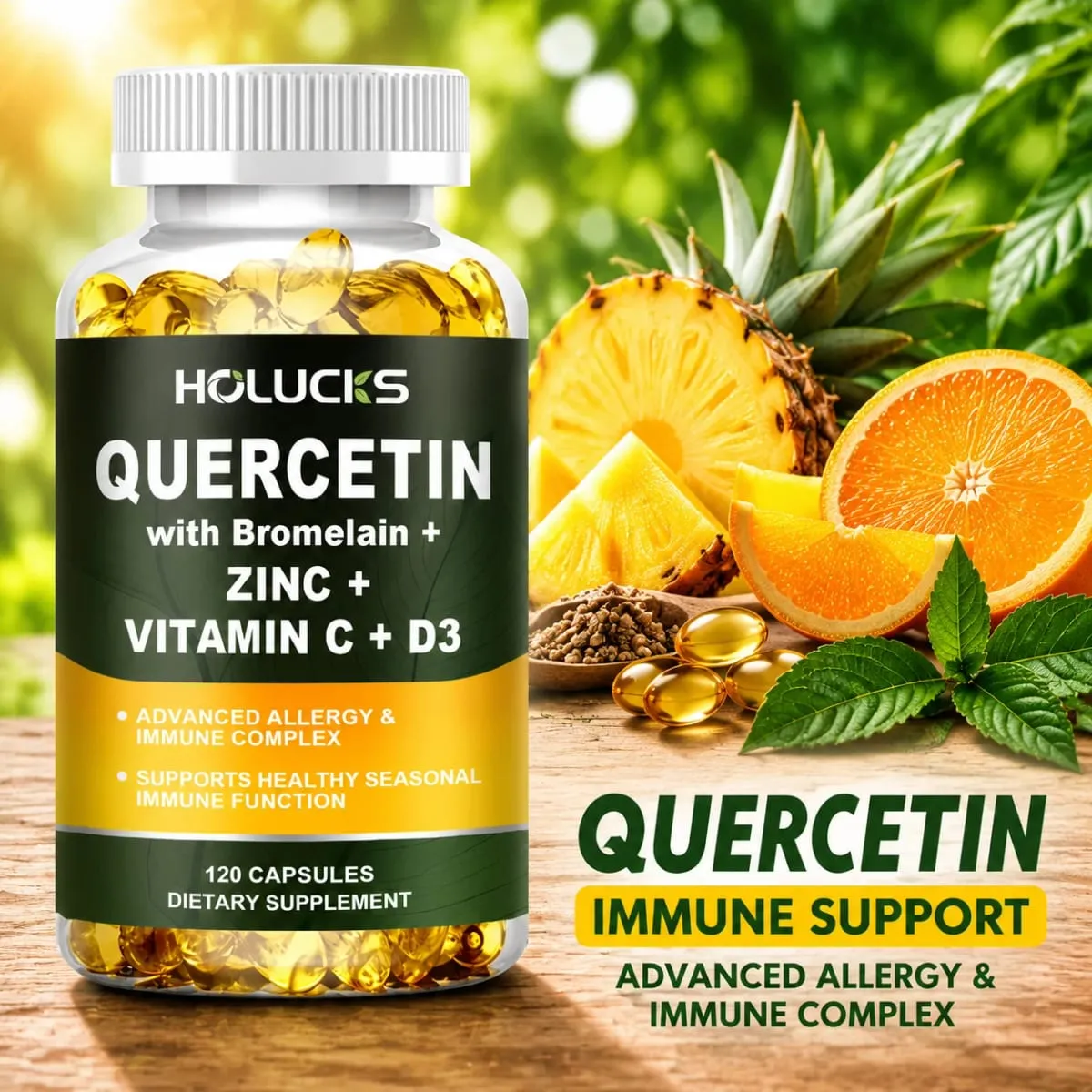 Suplemento avançado de quercetina vitamina C + D3 com bromelaína para imunidade, saúde da pele e ossos fortes, vitalidade geral vegana