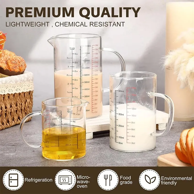 Tasses à mesurer en verre Borosilicate, tasse à échelle en verre transparent avec poignée, bec en forme de V, bécher à mesurer en verre de cuisine