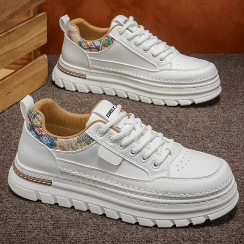 Sapatos casuais masculinos primavera verão sola grossa tênis de textura lisa gola tecida com cadarço calçado confortável