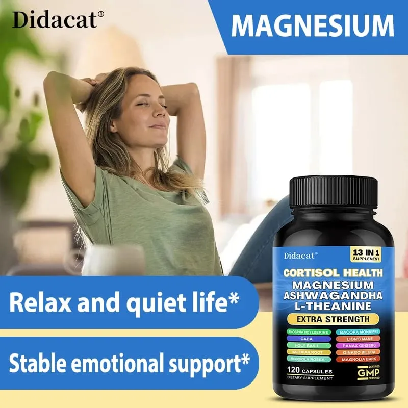 Cápsulas de suporte de cortisol com Ashwagandha e magnésio, suporte para alívio do estresse, humor calmo, saúde adrenal e sono reparador