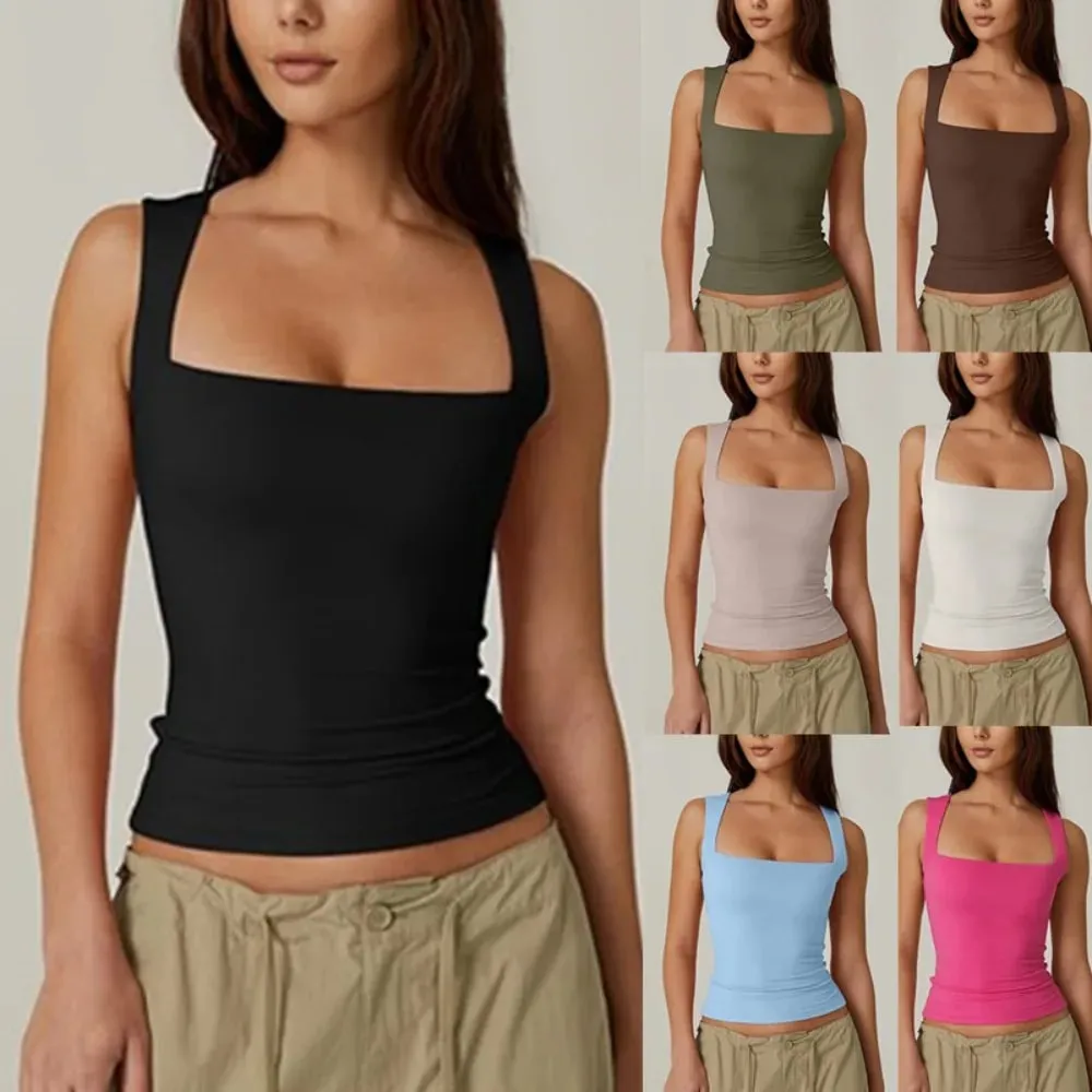 2026 verão feminino pescoço quadrado sem mangas dupla camada tanque topo básico apertado camiseta y2k goth regata feminina colheita topos