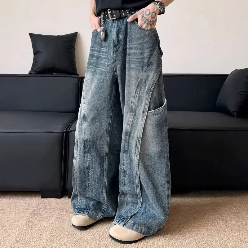 Calça jeans masculina curvada, versão coreana, com design retrô solto, perna reta, casual, bolso grande, perna larga