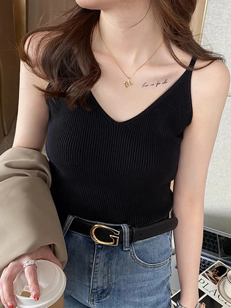 Coreia do verão topos novo sólido com decote em v elástico de malha suspender camis tanques roupas básicas camisa feminina